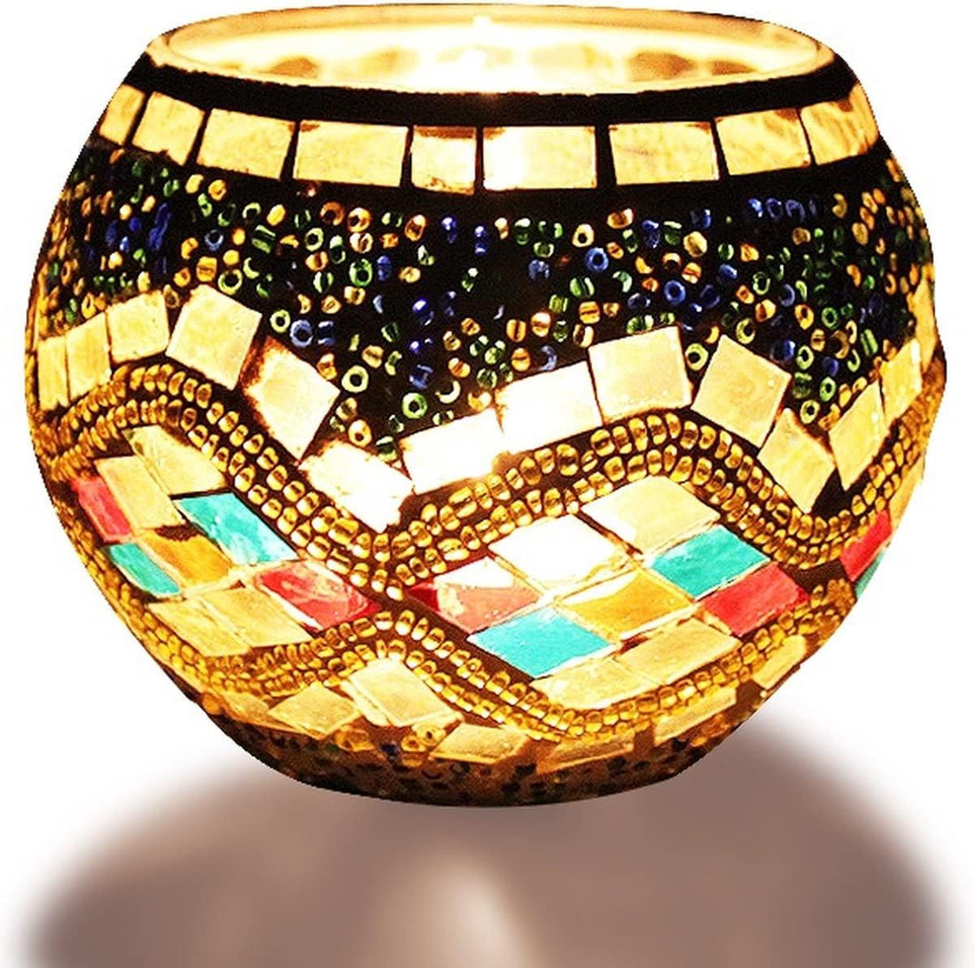 European Mosaic Glass Candle Holder – Gold Glow Wedding &amp; Proposal Decor, Fireplace &amp; Party Centerpiece