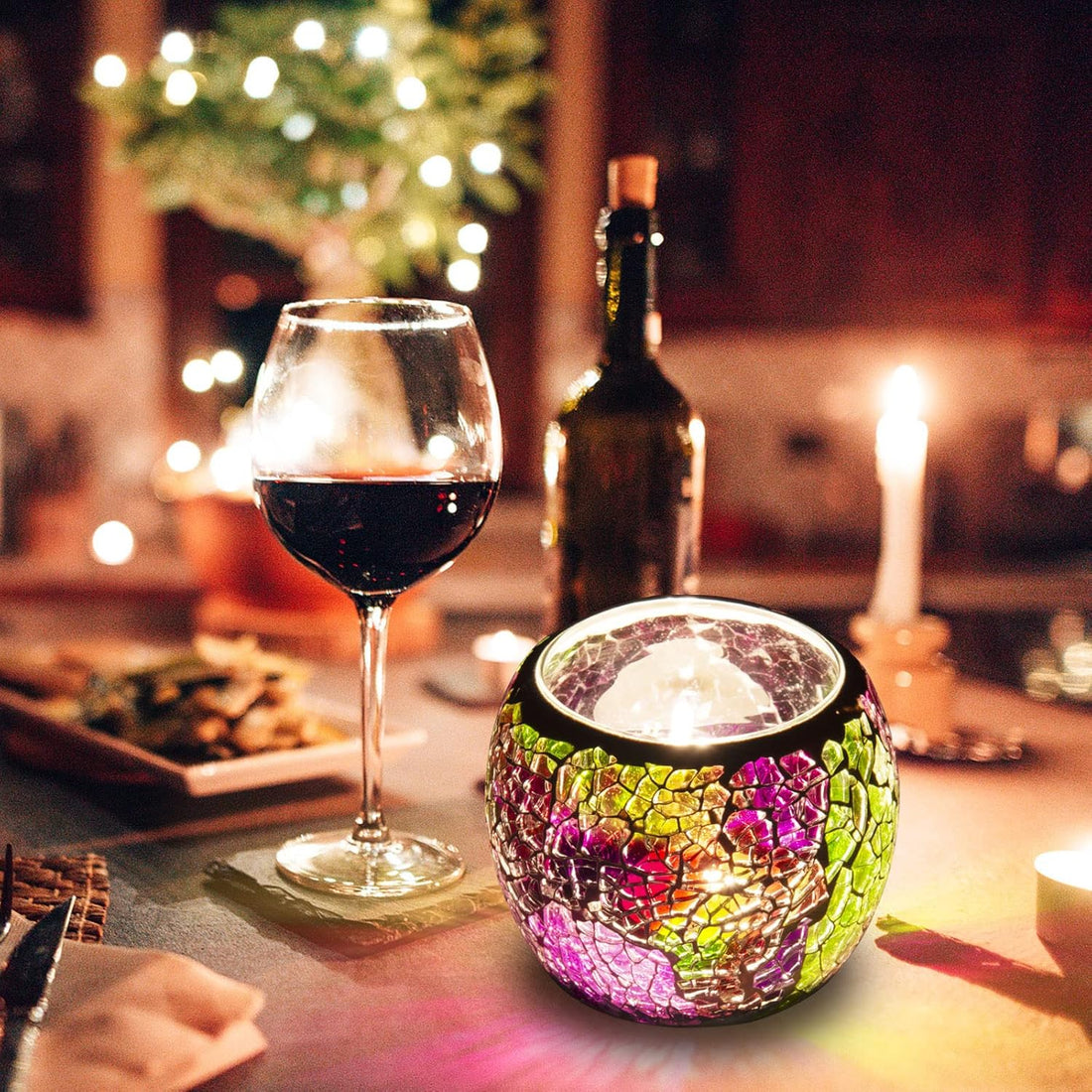 Mosaic Crackle Glass Candle Holder – Romantic Decor, Wedding Centerpiece, Bar Decoration, DIY Candle Accessory